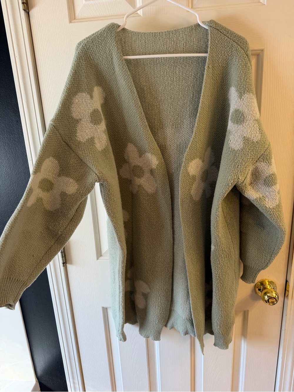 SHEIN Olive Green Knit Floral Open-Front Cardigan